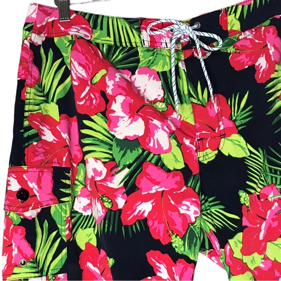 J. Crew Stretch Eco Board Short Swim Hibiscus Print Floral Black Pink Men's 36 - Picture 2 of 12